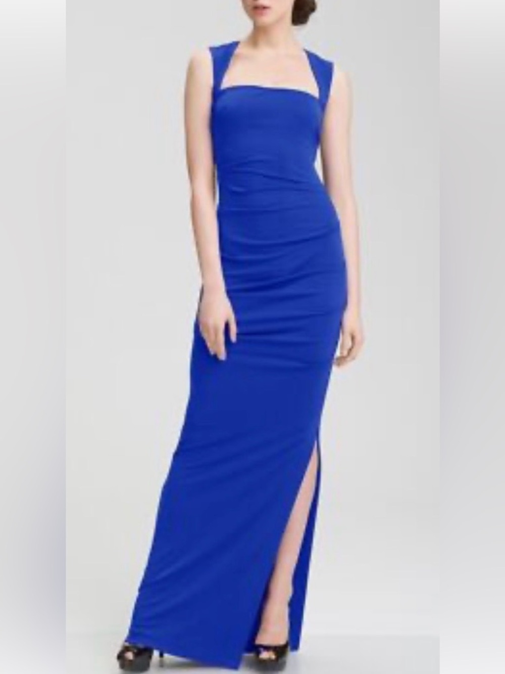 Nicole Miller Blue Ruched Open-Back Evening Gown